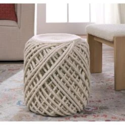 Solara Textured White/ Light Gray Cylinder Pouf -France and Son Store SCP18 2
