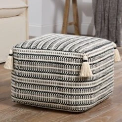 Alina Handmade Striped Cream/Black Pouf (18"X18"X14") -France and Son Store SIR01 2