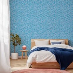 Seashells Wallpaper -France and Son Store WCPK104 BL Seashells Blue Colorful BedwithPlant