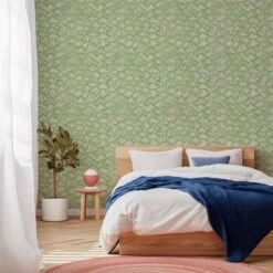 Seashells Wallpaper -France and Son Store WCPK104 GR Seashells Green Colorful BedwithPlant