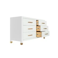 Winchester - Six Drawer Chest With Rattan Wrapped Handles In Matte White Lacquer -France and Son Store WINCHESTER 20WH OPEN