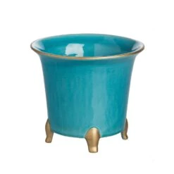 Cachepot, Turquoise With Gold, Small Set Of 2
